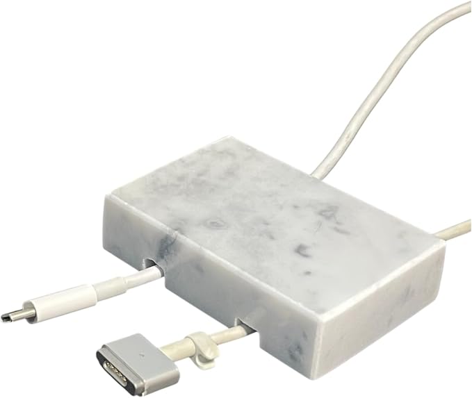 Cord Holder – Polished Marble Cable Tidy, Double | Handmade polished white marble cord holder keeps charging cables tidy on your desk. Weighted, non-slip. Double slot.