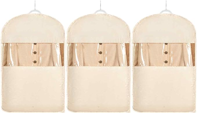 Space Saving Hanging Garment Bag with Self Compression Zipper，Dust Cover Clothes Bags for Down Coat,Dress,Suit，Closet Storage Organizer for Home Travel Use (Beige, Medium)
