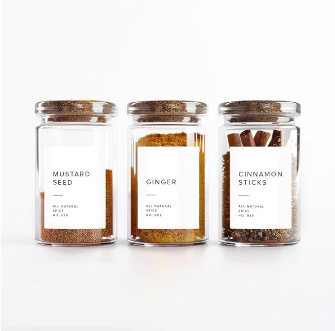250 White Spice Labels by ThreeKin | Waterproof & Oil-Resistant Pre-Printed Stickers for Spice Jars | Durable, BPA-Free Seasoning Labels | Easy-Clean, No-Residue Design | Proudly Female & USA Owned