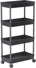 Sooyee 4 Tier Wide Storage Cart Mobile Shelving Unit Organizer Slide Out Storage Rolling Utility Cart Tower Rack for Kitchen Bathroom Laundry, Plastic & Stainless Steel, Black