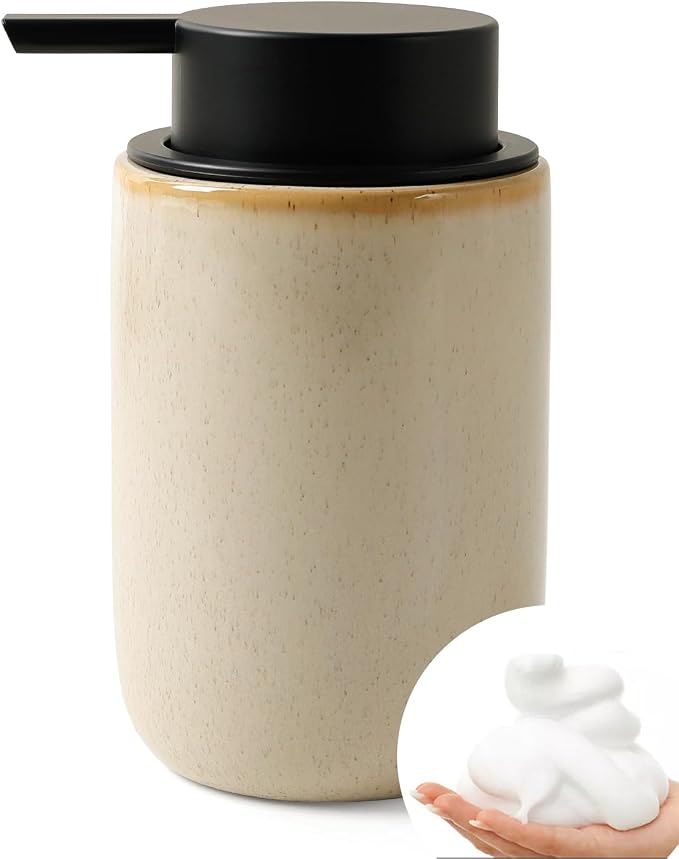 BosilunLife Foam Soap Dispenser, Hand Pump Dispenser for Kitchen Sink | Ceramic Foaming Hand Dispenser for Bathroom Modern Farmhouse Small Soap Dispenser (Greige with Speckle, Foam Pump)
