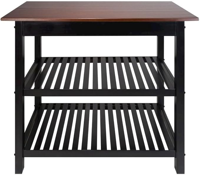 Furnifact Solid Wood Kitchen Island with Drawer, 2 Open Shelves, Black Base and Walnut Top, Island Table for Kitchen Storage and Food Prep