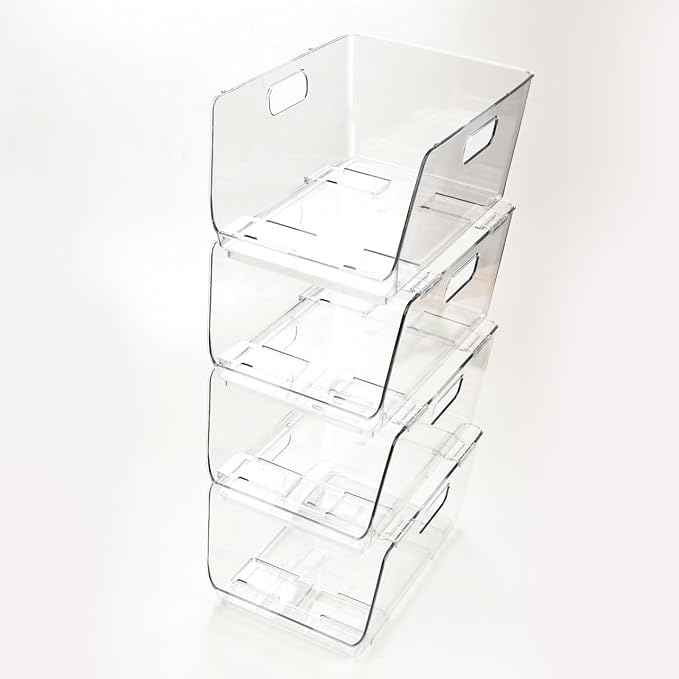 TidyFriend Plastic Stackable Bins for Pantry, 4 Pack Stacking Bins Open Front, Toy Organizers, Kitchen, and Bathroom Essentials (Clear- Hole Handle)