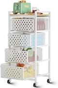 5 Tier Kitchen Storage Cart with Wheels, Utility Fruit Vegetable Storage Rack Stand with Pull-Out Baskets & Wood Top, Metal 4-Drawers Rolling Snack Cart, Kitchen Cart for Potato Onion(White)