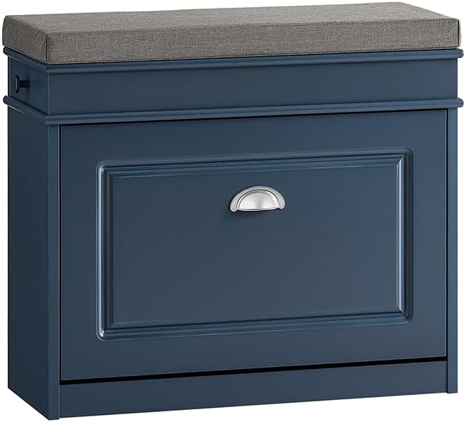 Haotian Small Shoe Storage Bench for Entryway | Narrow Shoe Bench with 1 Flip-Drawer and Seat Cushion, Mini Shoe Rack Hallway Entrance Mudroom, Navy Blue