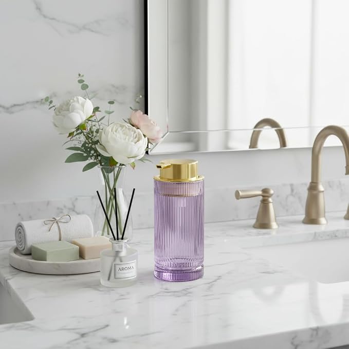 Foaming Soap Dispenser, 14 Oz Glass Foam Hand Soap Dispenser with Gold Pump, Purple Bathroom Refillable Liquid Lotion Pump Container Ribbed Bottle for Kitchen Countertop Decor