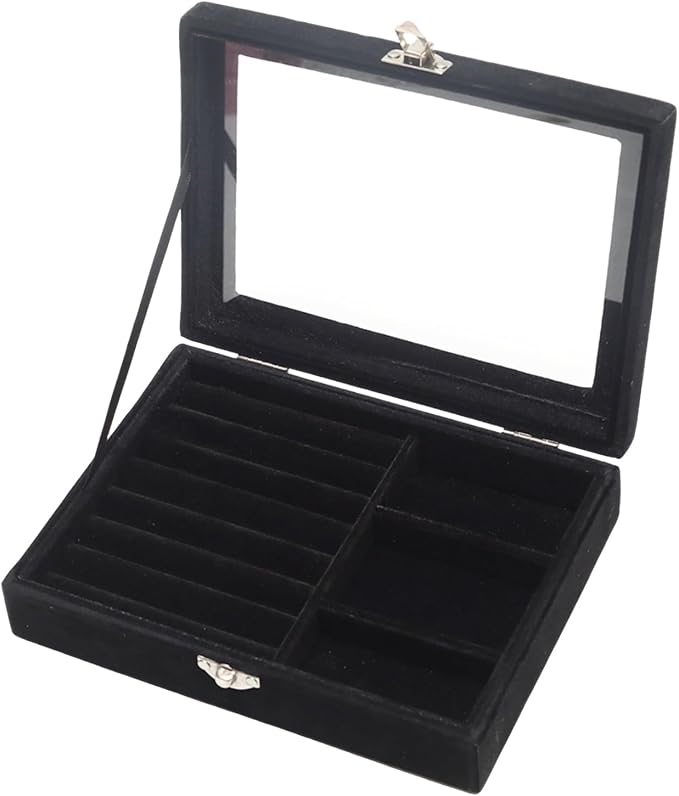 Small Velvet Jewelry Tray with Clear Lid, Lockable Ring Earring Holder Organizer Storage Box Case Jewelry Box Organizer for Rings Earrings Bracelets Brooches, 2-in-1 Black