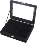 Small Velvet Jewelry Tray with Clear Lid, Lockable Ring Earring Holder Organizer Storage Box Case Jewelry Box Organizer for Rings Earrings Bracelets Brooches, 2-in-1 Black