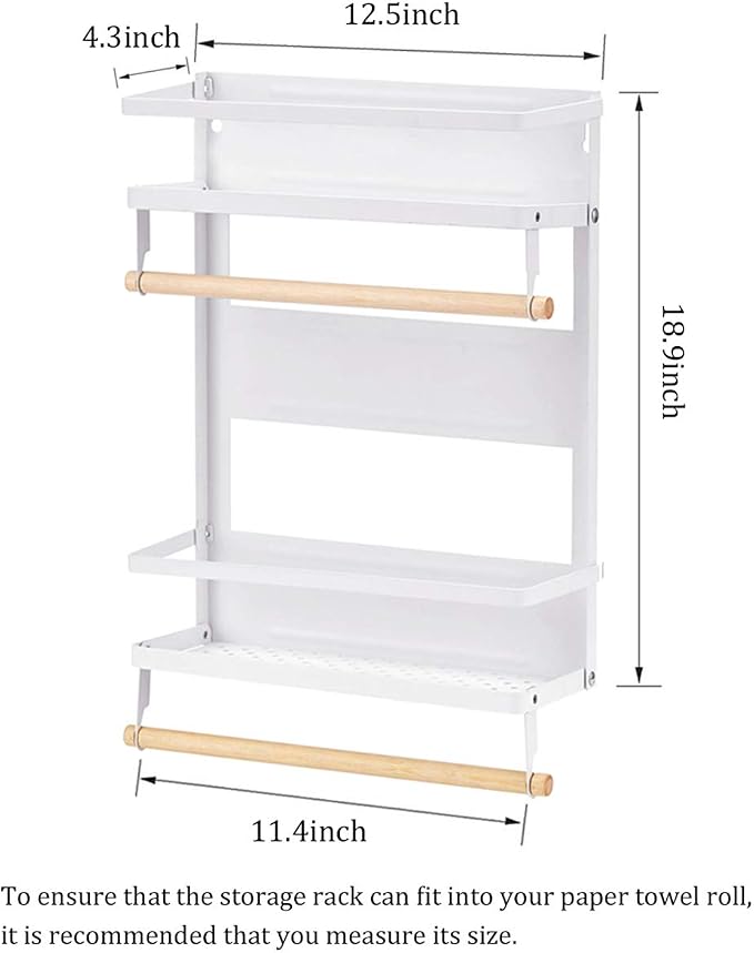 Refrigerator Magnetic Spice Rack,Foldable Kitchen Magnetic Side Storage Organizer Shelf with Wooden Holder,White