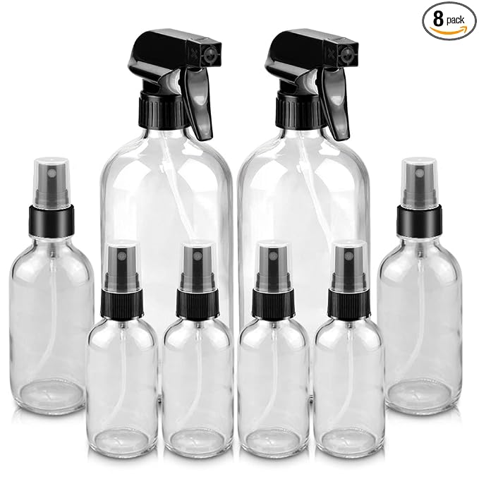Worldgsb Glass Spray Bottles, 16oz*2+4oz*2+2oz*4 Refillable Containers, Empty Boston Round Bottles with Adjustable Nozzle for Cleaning, Gardening, Aromatherapy, Pets, Plant, Hair - Clear