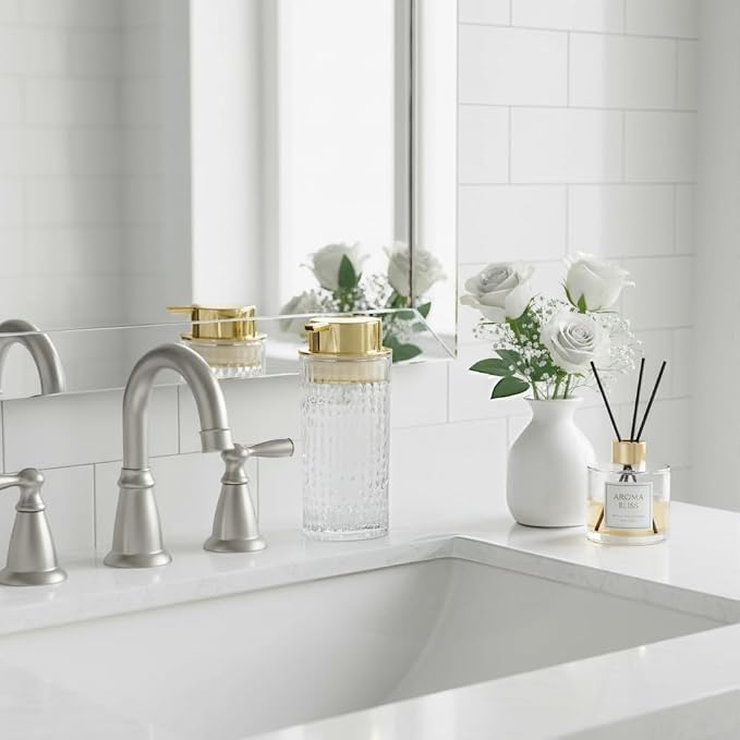 Foaming Soap Dispenser, Glass Foam Hand Soap Dispenser for Bathroom and Kitchen Decor, 14 Oz Refillable Foaming Pump Bottle Container with Gold Pump, Clear