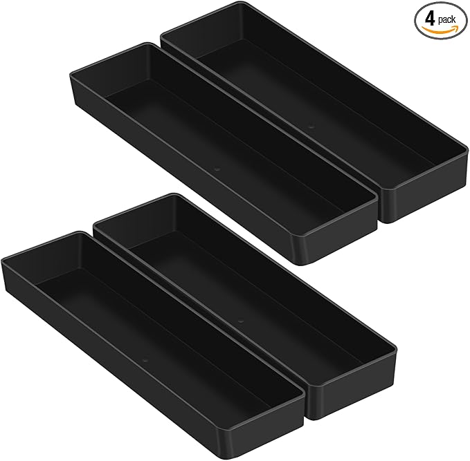 Teling Large Rectangular Desk Organizer Set, Half Accessory Tray, Plastic Tabletop Organizer for Office, Home, or Study, Dimensions: 9.45 x 2.95 x 1.38 Inches(4 Pcs,Black)