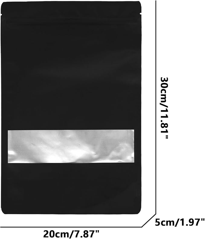 50PCS Foil Pouch Mylar Bags with Clear Window,ULIFESTAR Stand Up Sealable Bags with Tear Notches,Resealable for Food,Party Favors,Gift Packaging and Small Business(20 * 30cm/7.87 * 11.81",Black)