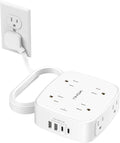 10 Ft Surge Protector Power Strip - YISHU 8 Widely Outlets with 4 USB Ports, 3 Side Outlet Extender with 10 Feet Flat Extension Cord, Ultra Flat Plug, Wall Mount, Desk USB Charging Station, ETL, White