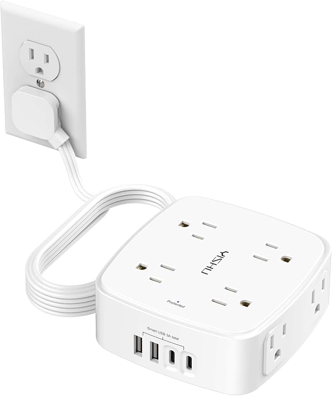 10 Ft Surge Protector Power Strip - YISHU 8 Widely Outlets with 4 USB Ports, 3 Side Outlet Extender with 10 Feet Flat Extension Cord, Ultra Flat Plug, Wall Mount, Desk USB Charging Station, ETL, White