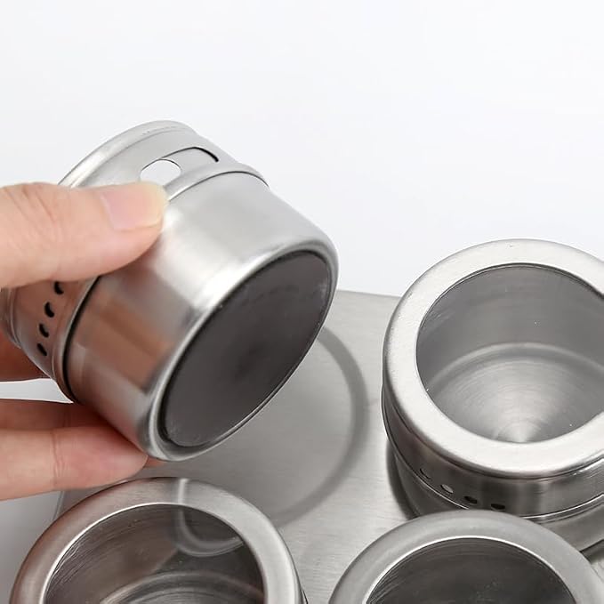 Stainless Steel Magnetic Spice and Condiment Organizer Kit – 6-Piece 75ml (2.5 oz) Seasoning Jars with Adjustable Pour Vents, Leak-Proof Magnetic Holder for Kitchen Countertops or Refrigerator Storage