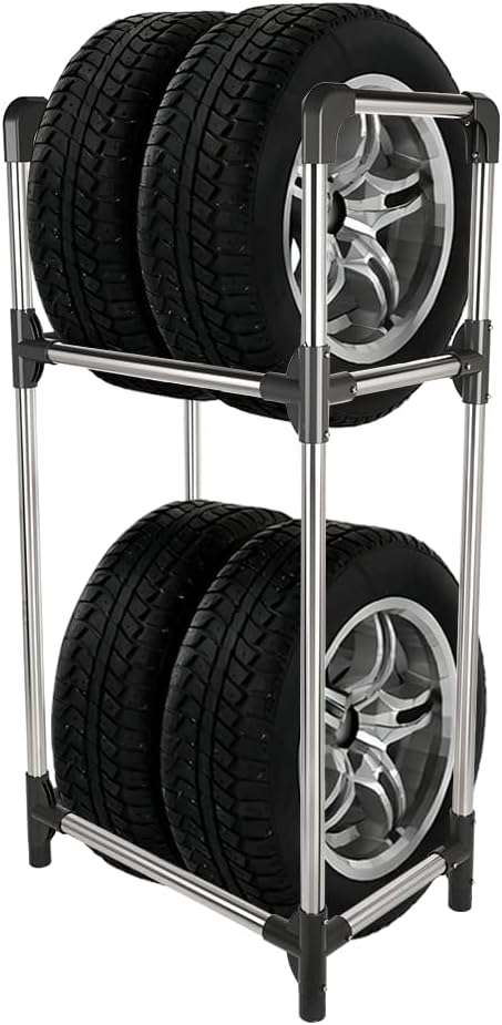 Hershii Tire Rack, Tire Storage Rack Stand Garage Storage Shelf Organizer | Rolling Tire Rack for Indoor Outdoor Use - Black + Silver 22.51'' X 14.16'' X 45.11''