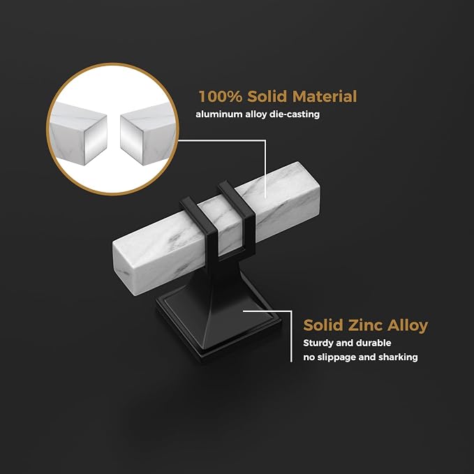 10 Pack Marble & Black Cabinet Knobs, 2 Inch Square Drawer Knobs for Kitchen & Dresser