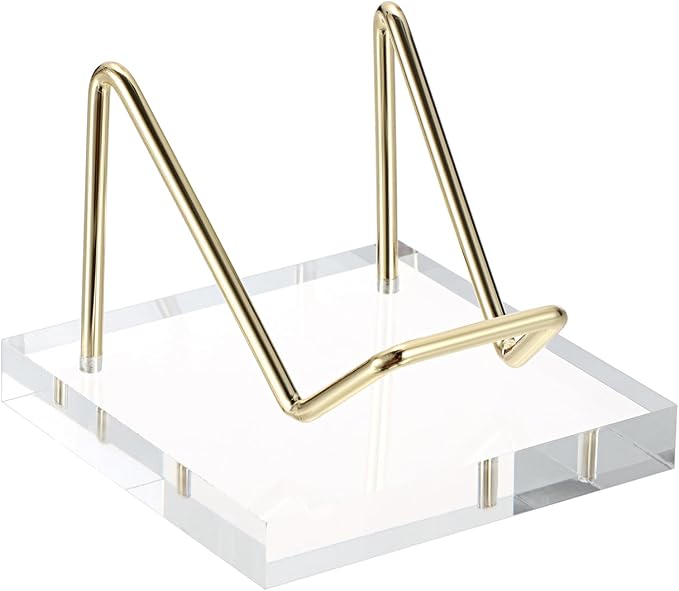 Hipiwe Metal Display Stand with Acrylic Base, Gold Business Card Holder Stand Rock Easel Stand for Fossil Coral, Mineral Rocks, Geodes, Agate Collectibles