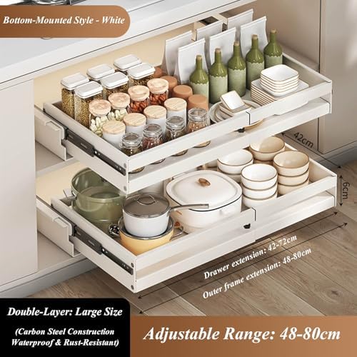 2 Pack Pull-Out Cabinet Organizer, Expandable Sliding Storage Basket Shelf, Multi-Purpose Slide-Out Stacking Solution for Kitchen, Pantry, Bathroom, Bedroom, Garage