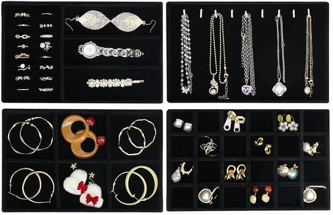 Cirhy 4 Stackable Jewelry Trays Organizer Set for Drawer, Jewelry Organizers and Display Case Storage, Velvet Drawer Inserts Organizer for Necklace Bracelets Earrings Organizer, Gift For Her, Black