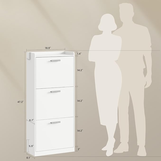 Shoe Cabinet Organizer with 2 Flip Drawers，Freestanding Shoe Rack Cabinet，Narrow Shoe Cabinet Storage for entryway，Foyer, Hallway, White UM2SC423W