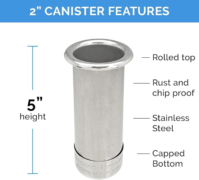 Docking Drawer 2.0" Canister for Hot Tools, Hair Dryer, Curling Iron, and Flat Iron Holder Tube RIng Capped Stainless Steel