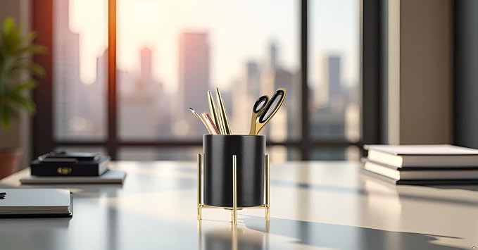 Sturdy Pen Holder Simple and elegant for Desk Matte Pencil Holder Ceramic Cute Desktop Organizer Brush Holder Cup (Black and Gold Plated)