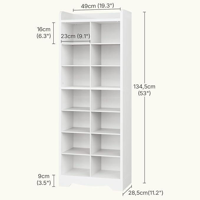 YATINEY 8-Tier Tall Shoe Rack, Wooden Shoe Storage Cabinet for Entryway | Removable Shoe Shelves for Closet, Shoe Cubby Organizer, Narrow Shoe Organizer, Raised Surface Edge Shoe Shelf, White