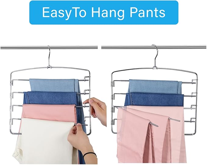 Pants Hangers 6 Pack 5 Layers Multi Functional Pants Rack Swing Arm Space Saver Hanger for Trousers Jeans Towels Scarf （Grey）