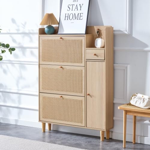 GIA Modern Minimalist Storage Cabinet with Rattan Design, Natural, 4-Door
