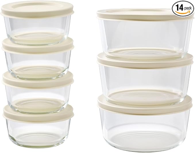 14-Piece Glass Food Storage Containers Set (7 Containers + 7 BPA-Free Lids) | 1-Cup & 4-Cup, Leakproof | Microwave, Freezer, Oven & Dishwasher Safe | Ideal for Meal Prep & Pantry Organization, Beige