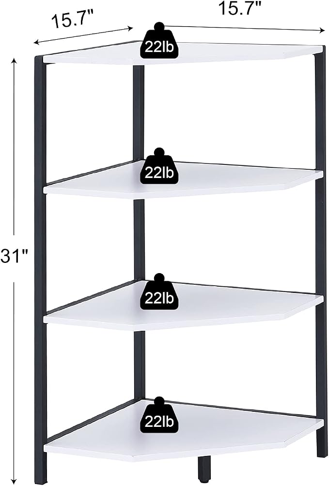 VECELO 31 Inch Corner Shelf, 4-Tier Display Shelves, Wood Storage Stand with Metal Frame, Multipurpose Shelving Unit for Small Space, Home Office, White