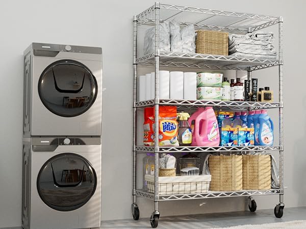 PrimeZone 2 Pack Steel Storage Wire Shelving 5 Tier Metal Shelves with Wheels,Adjustable Kitchen Utility Shelving Unit,Pantry Rack Rolling Metal Shelf Laundry,Chrome 24" Wx18 Dx75 H