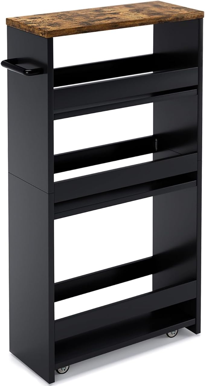 MARTY Rolling Storage Cart 4-Tier Black Kitchen Cart with Wheels, Slim Storage Cart with Handle Slide Out Utility Cart Shelving Unit Organizer Trolley for Laundry Narrow Places Bathroom Small Corner