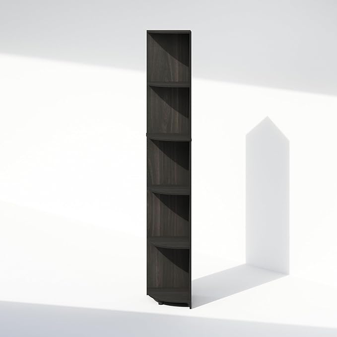 Furinno Basic Book Shelf, 5-Tier Bookshelf, Bookcase with Multipurpose Corner Shelf, 12 x 12 x 70.8, for Living Room, Bedroom, Home Office, Espresso