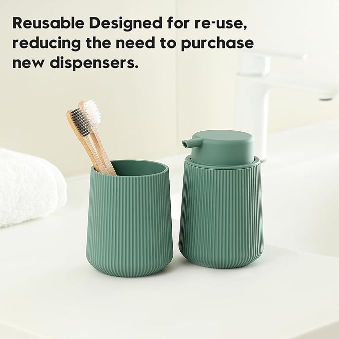 YAUKPH Striped Foaming Hand Soap Dispenser with Leak-Proof Pump for Bathroom and Kitchen Countertop 11oz Sage Green