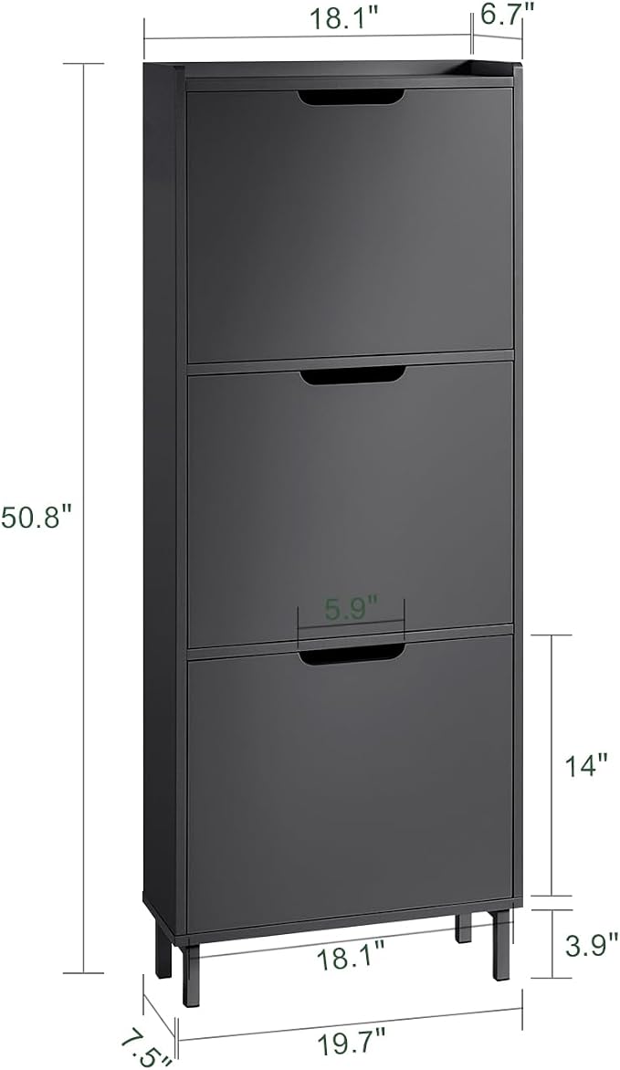 Haotian Slim Shoe Cabinet Entryway | Hidden Shoe Storage with Three Flip Drawers to Save Space, Freestanding Shoe Rack for Front Door, Entryway, Hallway (Black)