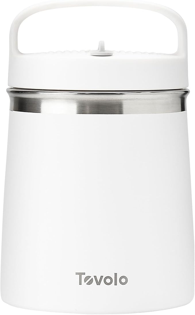 Tovolo Insulated Food Container 2 Quart Food Traveler Thermos for Hot Food and Cold Food Stainless Steel Double Wall Vacuum Insulated Spill Proof Airtight Lid Dishwasher Safe BPA Free White