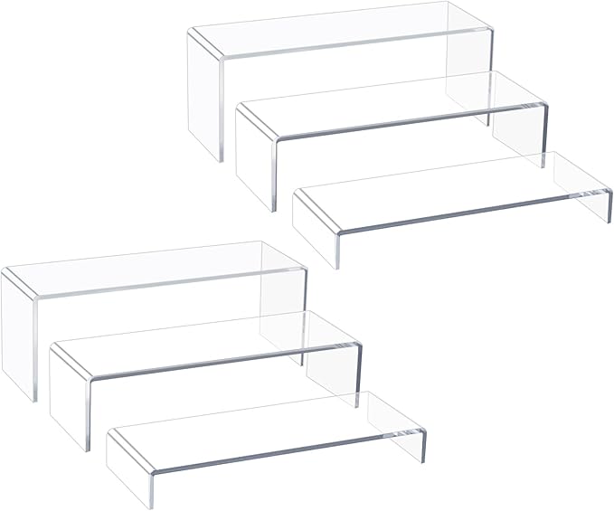 Acrylic Display Riser Stand,12" 6Pc 5mm, Tiered Shelf Risers for Cupcake | Clear multi-size plastic steps rack matching perfume, jewelry, pop collectibles. Stackable food buffet table setup