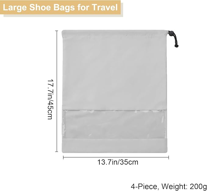 4 Pcs Shoe Bags for Travel with Clear TPU Window, 13.8"x17.7" Dustproof Travel Shoe Bags, Drawstring Travel Shoe Storage Bags for Men & Women (Grey)