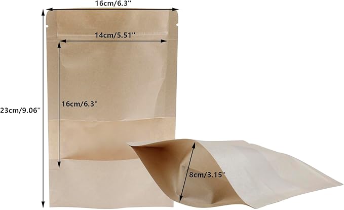 Kraft Paper Zipper Pouches,ULIFESTAR Kraft Stand Up Zip Lock Pouch Bags,100PCS Resealable Bag with Transparent Window and Tear Notch Resealable Bag for Small Business HomeUse,6.3"*9"(16 * 23cm+4cm)