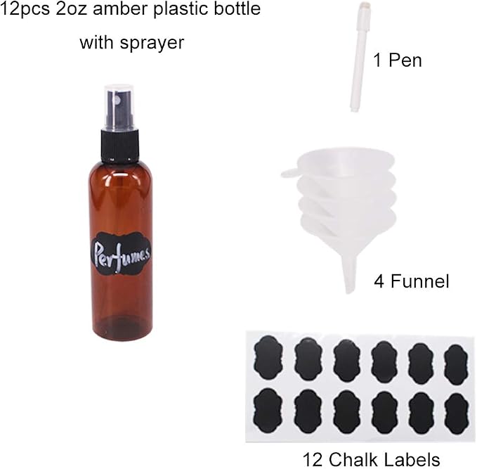 24 Pack 2oz Amber Plastic Spray Bottles For Essential Oils, Perfumes | Fine Mist Spray Bottle for Cosmetics, Alcohol, Mini Travel Bottle, Small Refillable Liquid Containers