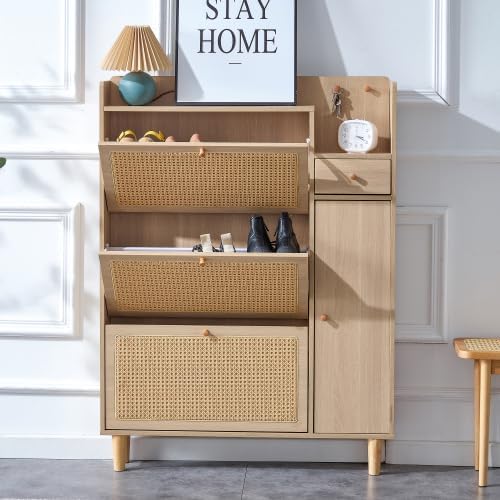 GIA Modern Minimalist Storage Cabinet with Rattan Design, Natural, 4-Door