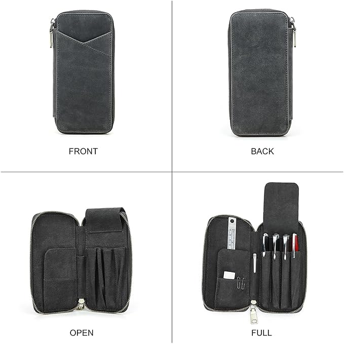CONTACTS Full Grain Leather Pencil Case Handmade Vintage Zipper Pen Holder Pouch with Card Slot Pens Organizer Pockets Stationery Bag for Men and Women (Grey)