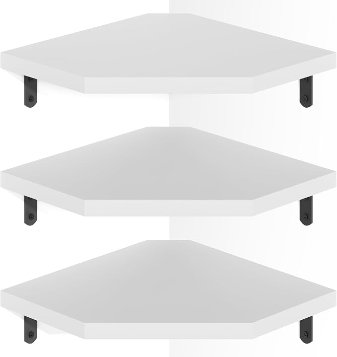 Alsonerbay Pine Wood Corner Shelves with Cable Cutout 3-Pack, White | Diamond-shaped, cable management, 40 lbs/shelf, 0.79" thick pine, L-shaped metal brackets, for router & media devices