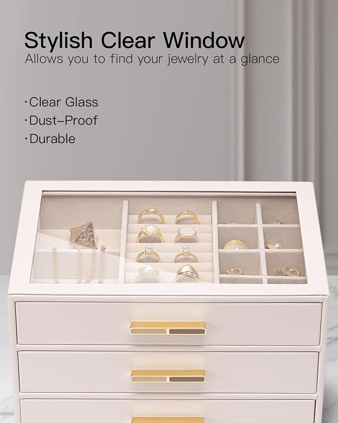 VLANDO Jewelry Box for Women, Glass Lid Jewelry Organizer with 3 Drawers for Necklaces Rings Earrings Bracelets - Light Pink