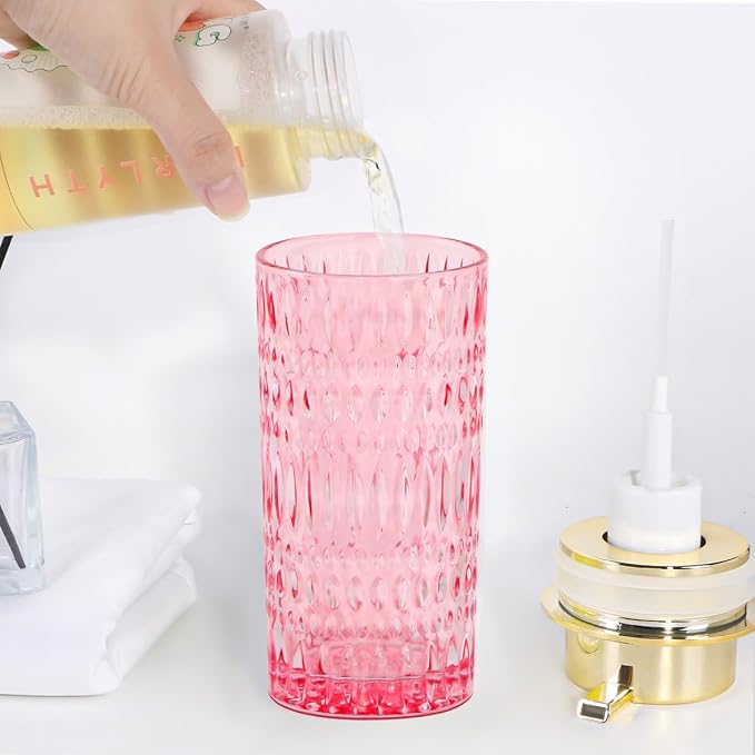 Foaming Soap Dispenser, Pink Glass Foam Soap Dispenser, 14 Oz Refillable Hand Soap Dispenser Pump Bottle Container for Bathroom Kitchen Countertop Decor