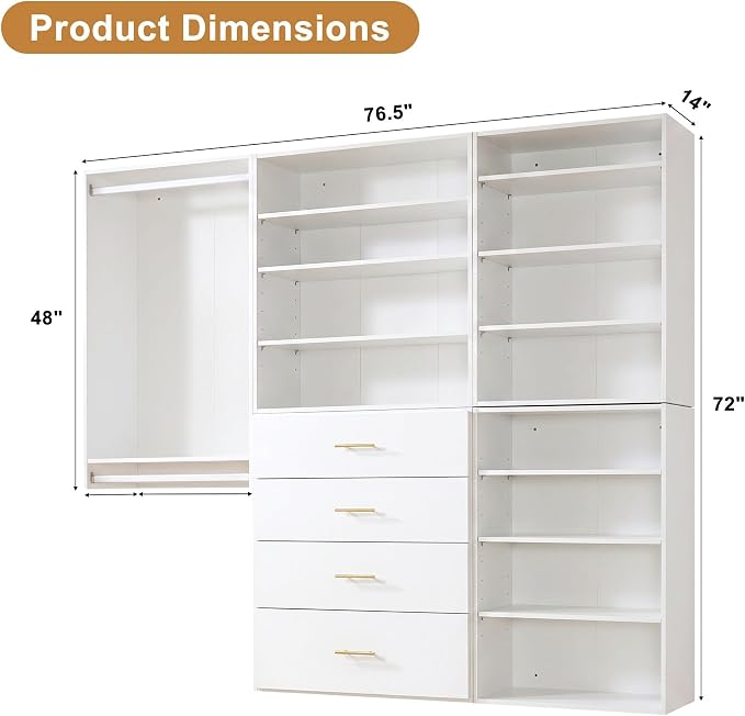 76.5" Closet System, White MDF Walk-In Closet Organizer with Double Hanging Rods, 3 Shelf Towers, 4 Drawers, Wall-Mounted Wardrobe Storage for Bedroom, Dressing Room and Laundry Room