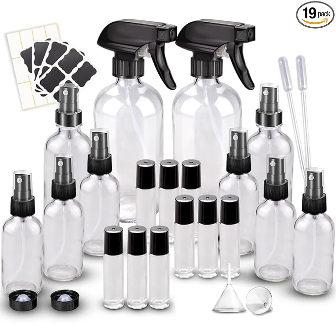 Loretoy Glass Spray Bottle Kit×10 (2×16 oz, 2×4 oz, 6×2 oz), 9×10 ml Roller Bottles, Anti UV, Multi Size and Versatile, Suitable for Aromatherapy, Facial Moisturizing, Watering, etc.(Clear)